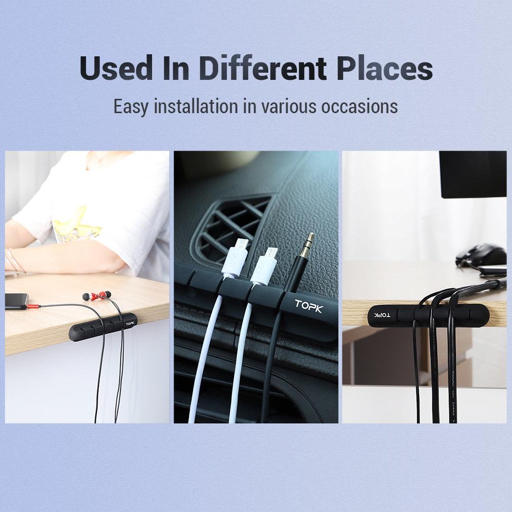 Improved cable holder, cable management cable organizer clips, silicone, self-adhesive, for desktop USB charging cable, power cord, nightstand wire, PC, office, home (3/5/7 slots) - Nasi Supplies