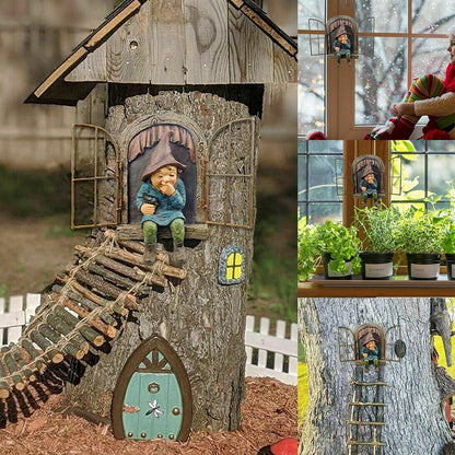 Garden gnomes and fairies ornament in window